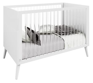 מיטת תינוק מעץ בוק עם מוטות מיטה שקופים וקיט שהופך אותה למיטת מעבר דגם נרקיס - לבן