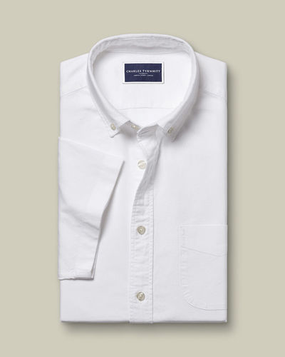 חולצת אוקספורד לבנה גזרת קלאסיק - Washed Oxford Short Sleeve Slim Fit Shirt - White