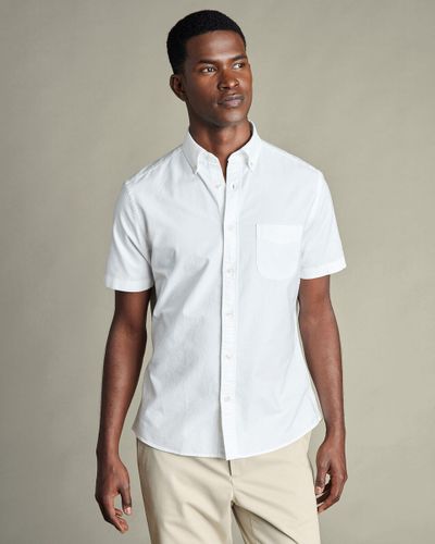 חולצת אוקספורד לבנה גזרת סלים - Washed Oxford Short Sleeve Slim Fit Shirt - White