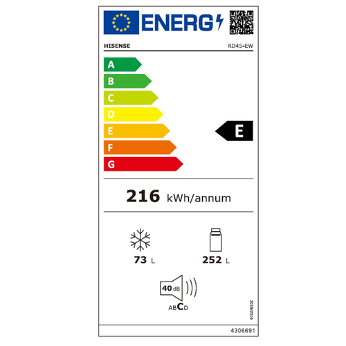מקרר מקפיא עליון 325 ליטר Hisense הייסנס RD45-EW לבן
