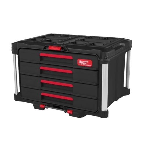 ארגז כלים Milwaukee PACKOUT 4 DRAWER TOOL BOX עם 4 מגירות על מסילות כדורים, מחיצות מתכווננות, מוט נעילת בטיחות ופינות מחוזקות ממתכת