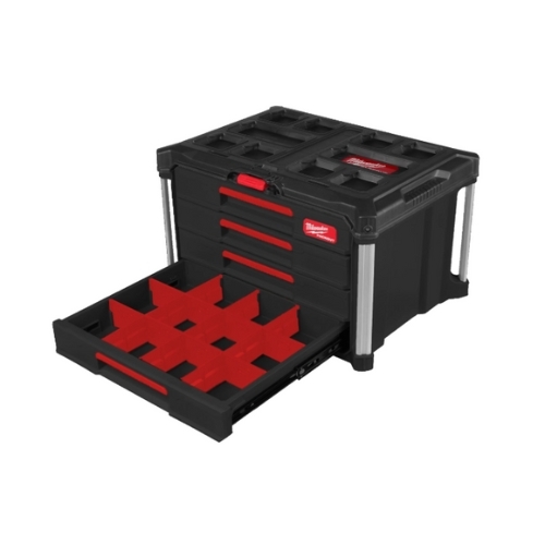 ארגז כלים Milwaukee PACKOUT 4 DRAWER TOOL BOX עם 4 מגירות על מסילות כדורים, מחיצות מתכווננות, מוט נעילת בטיחות ופינות מחוזקות ממתכת