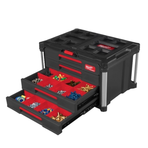 ארגז כלים Milwaukee PACKOUT 4 DRAWER TOOL BOX עם 4 מגירות על מסילות כדורים, מחיצות מתכווננות, מוט נעילת בטיחות ופינות מחוזקות ממתכת