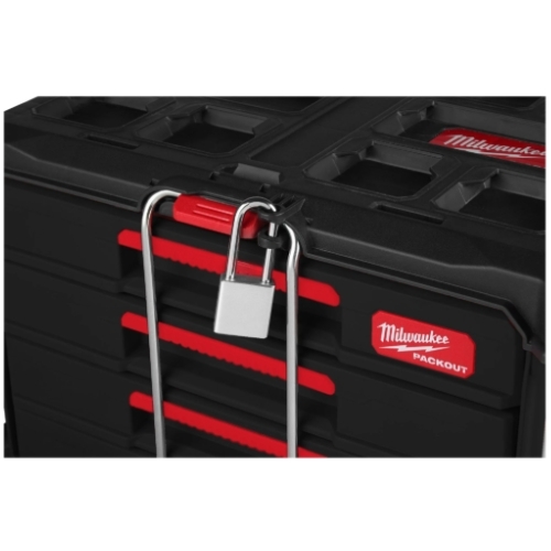 ארגז כלים Milwaukee PACKOUT 4 DRAWER TOOL BOX עם 4 מגירות על מסילות כדורים, מחיצות מתכווננות, מוט נעילת בטיחות ופינות מחוזקות ממתכת