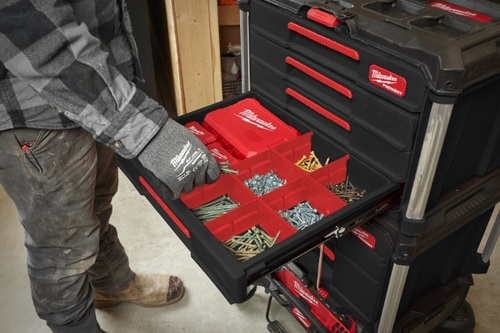 ארגז כלים Milwaukee PACKOUT 4 DRAWER TOOL BOX עם 4 מגירות על מסילות כדורים, מחיצות מתכווננות, מוט נעילת בטיחות ופינות מחוזקות ממתכת