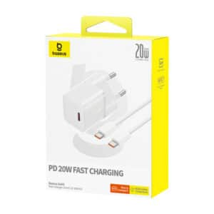 מטען קיר Baseus GaN5 20W USB-C עם כבל USB-C 1m – לבן