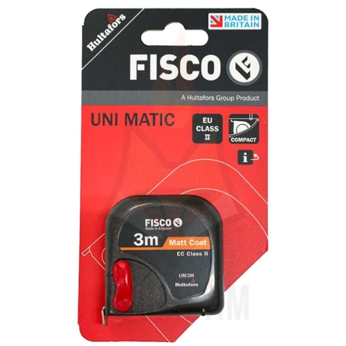 מטר סרט uni MATIC קומפקטי עם מארז ABS מעוגל, מנגנון נעילה צדדי, קליפ לחגורה וקצה מתכתי מתאפס אוטומטית, תוצרת בריטניה