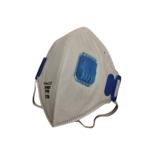 מסכת אבק נשמית KLIPS FFP2 עם פחם פעיל, שסתום פליטה ו-2 גומיות אלסטיות, מתקפלת וחד פעמית לסינון 94% מהחלקיקים באוויר