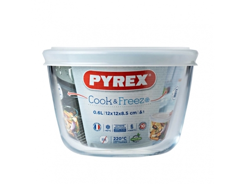כלי אחסון עגול פיירקס 0.6 ליטר מכסה לבן PYREX