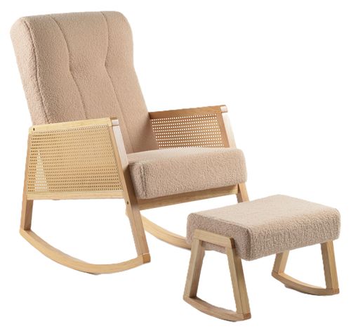 כורסת הנקה מתנדנדת ראטן עם הדום ובד בוקלה רך ונעים למגע - עץ טבעי / חול