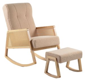 כורסת הנקה מתנדנדת ראטן עם הדום ובד בוקלה רך ונעים למגע - עץ טבעי / חול