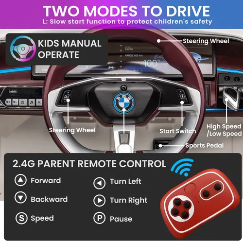 מכונית ממונעת 12V לילדים בדמות BMW I4 עם שלט רחוק, אורות ומושב דמוי עור - לבן