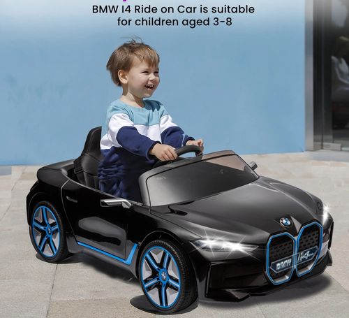 מכונית ממונעת 12V לילדים בדמות BMW I4 עם שלט רחוק, אורות ומושב דמוי עור - שחור