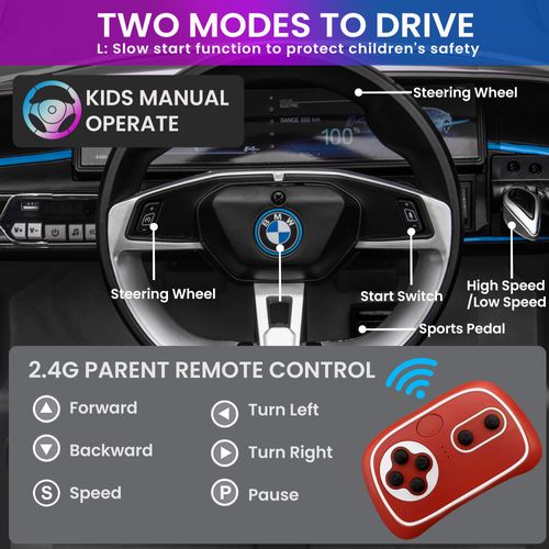 מכונית ממונעת 12V לילדים בדמות BMW I4 עם שלט רחוק, אורות ומושב דמוי עור - שחור