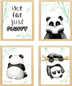 רביעיית  תמונות מעוצבות לחדר תינוק / ילדים בגודל 30/40 ס"מ , מסגרת עץ - פנדות