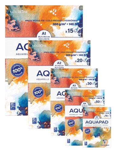 בלוק נייר GOLDLINE AQUAPAD לצבעי מים , עובי 300 גר' (מגוון גדלים לבחירה)