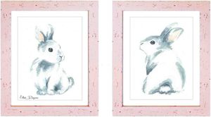 זוג תמונות מעוצבות לחדר תינוק / ילדים בגודל 30/40 ס"מ , מסגרת ורודה - ארנבים