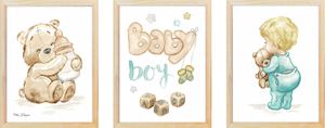 שלישיית תמונות מעוצבות לחדר תינוק / ילדים בגודל 30/40 ס"מ , מסגרת עץ - Baby boy
