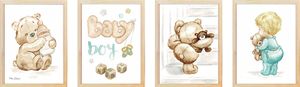 רביעיית תמונות מעוצבות לחדר תינוק / ילדים בגודל 30/40 ס"מ , מסגרת עץ - Baby boy