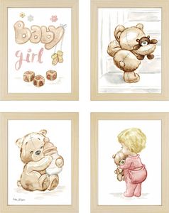 רביעיית תמונות מעוצבות לחדר תינוק / ילדים בגודל 30/40 ס"מ , מסגרת עץ -  Baby girl 