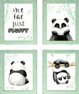 רביעיית תמונות מעוצבות לחדר תינוק / ילדים בגודל 30/40 ס"מ , מסגרת ירוק בהיר - פנדות