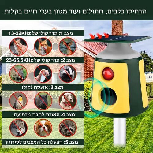 מרחיק כלבים וחתולים סולארי אולטרה סוני 360°