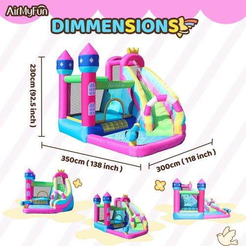 מתנפח משולב מים לחצר הבית עם מגלשה מעוקלת, תותח מים, שכשוכית ואזור קפיצות, כולל מפוח - הטירה הורודה שלי