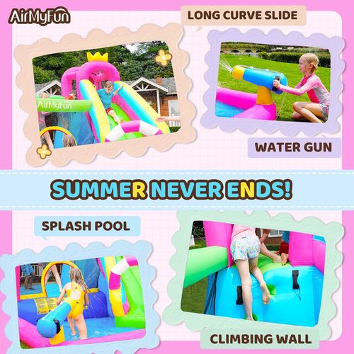 מתנפח משולב מים לחצר הבית עם מגלשה מעוקלת, תותח מים, שכשוכית ואזור קפיצות, כולל מפוח - הטירה הורודה שלי