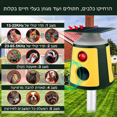 מרחיק כלבים וחתולים סולארי אולטרה סוני 360°