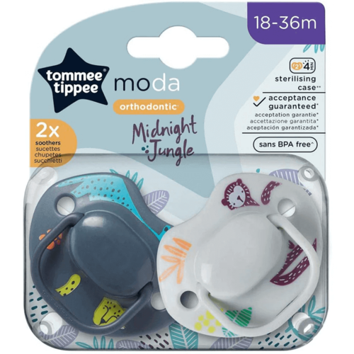 זוג מוצצים מודה ג'ונגל 18-36 חודשים טומי טיפי - Tommee Tippee 18-36 Moda Midnight Jungle Soothers