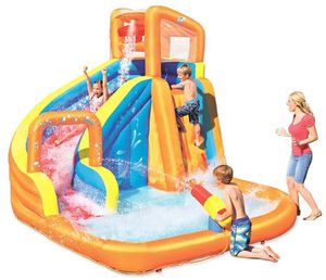 מתנפח משולב מים לחצר הבית עם מגלשה מעוקלת, סולם טיפוס, שכשוכית ותותח מים כולל מפוח - ZONE