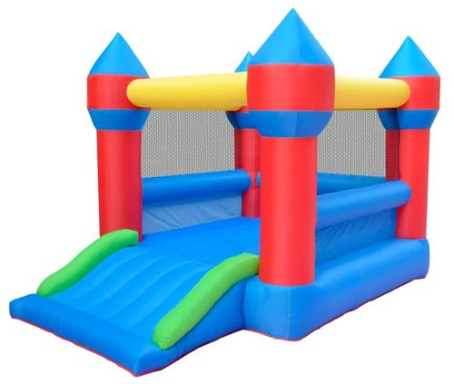 מתנפח לחצר הבית עם ארבעה מגדלים, רשת היקפית ומגלשה, כולל מפוח ותיק אחסון - טירת הקסמים