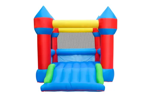 מתנפח לחצר הבית עם ארבעה מגדלים, רשת היקפית ומגלשה, כולל מפוח ותיק אחסון - טירת הקסמים