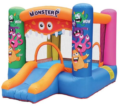 מתקן קפיצות מתנפח לחצר הבית עם איזור קפיצות, רשת היקפית ומגלשה, כולל מפוח ותיק אחסון - מפלצות חביבות