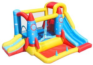 מתקן מתנפח לחצר עם מתחם קפיצות מוגן, 2 מגלשות ובריכת כדורים כולל מפוח - טירת הטילים