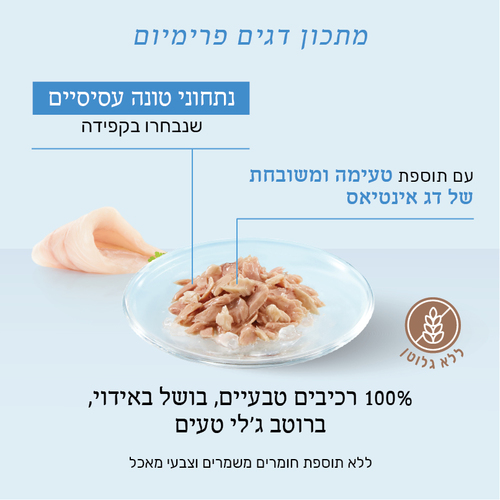 מעדן לחתול שזיר מעדן טונה עם אינטיאס 85 גרם