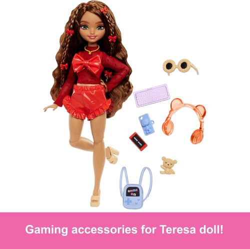 Barbie Dream Besties Doll and Accessories, Teresa Posable Fashion Doll with Brown Hair and Hair Clips, 10 Video Game Themed Pieces