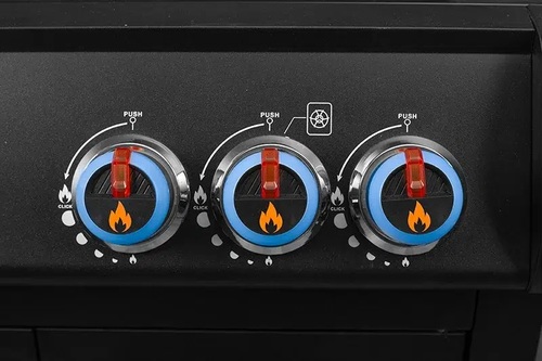 גריל גז RUBICON 3X GHOST בצבע שחור מט עם 3 מבערים, כירת צד אינפרא אדום, מערכות FPS ו-SGS מתקדמות וחלון זכוכית במכסה, מושלם למרפסות וחללים קטנים