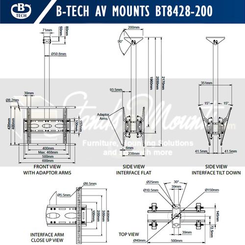 מתקן תלייה תקרתי לשני מסכים B-TECH BT8428-200