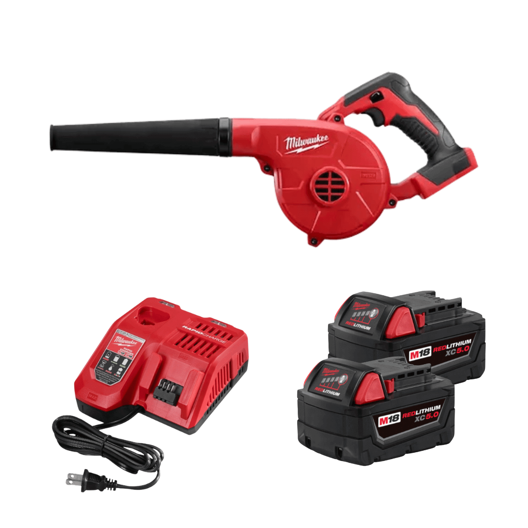 סט מילווקי הכולל מפוח קומפקטי Milwaukee M18 M18™ Compact Blower 0884-22 / M18 BBL-0 עם 2 סוללות 5AH ומטען מהיר