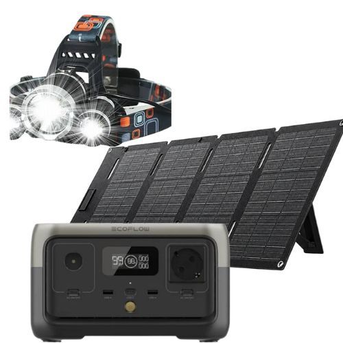 חבילת תחנת כוח - EcoFlow RIVER 2 + פנס ראש לכובע + תאורת קיר + מאוורר כיס + פנס ראש 7 נורות