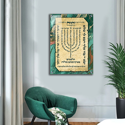 ברכת למנצח מעוצבת על דגם "שיש" בגווני ירוק וזהב קנבס/זכוכית