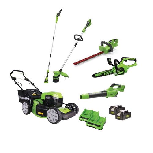 ערכת כלי גינון מקצועית GREENWORKS THE AMAZING 6 הכוללת חרמש 48V Brushless, מסור שרשרת 12 אינץ', גוזם גדר חיה 58 ס