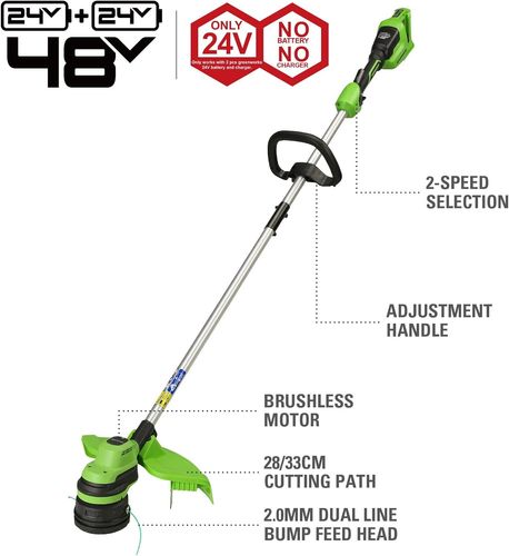 חרמש נטען Greenworks 48V Brushless דגם 99532-5 עם ראש מתכוונן, מוט טלסקופי, קוטר חיתוך 33 ס