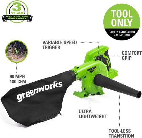 שואב/מפוח ברל'ה GREENWORKS 24V דגם 99506-7 קומפקטי במיוחד לעבודות מקצועיות מדויקות בלוחות חשמל, רכיבי מחשב ומקומות צרים
