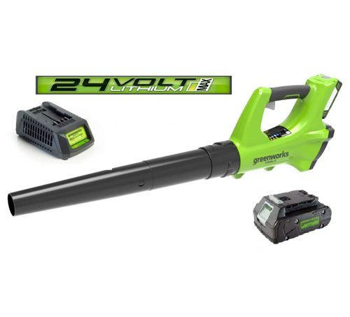 מפוח עלים GREENWORKS 24V דגם 99506-1-1 עם סוללת 4 אמפר ומטען מהיר לניקוי חצרות ומרפסות, משקל קל 1.5 ק