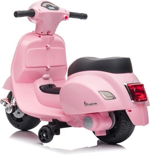 בימבה אופנוע ממונעת 6V וספה VESPA עם גלגלי עזר, מונע התהפכות, אורות ואפקטים קוליים בעברית - ורוד