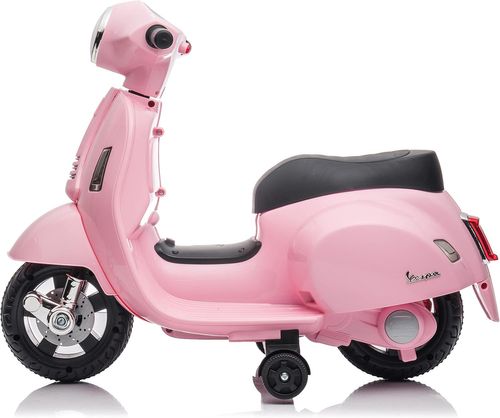בימבה אופנוע ממונעת 6V וספה VESPA עם גלגלי עזר, מונע התהפכות, אורות ואפקטים קוליים בעברית - ורוד