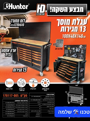 עגלת כלים / מוסך 13 מגירות 148*48*100 כולל לוח מחורר 170117-005