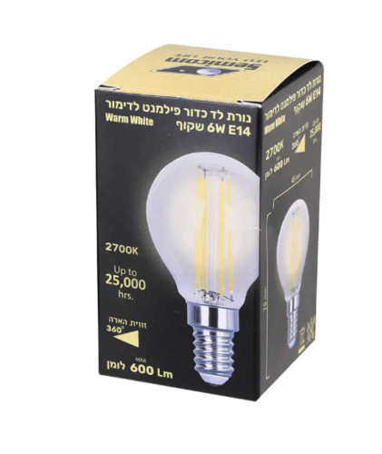 מארז 5 נורות  כדור פילמנט לדימור 6W E14- אור צהוב
